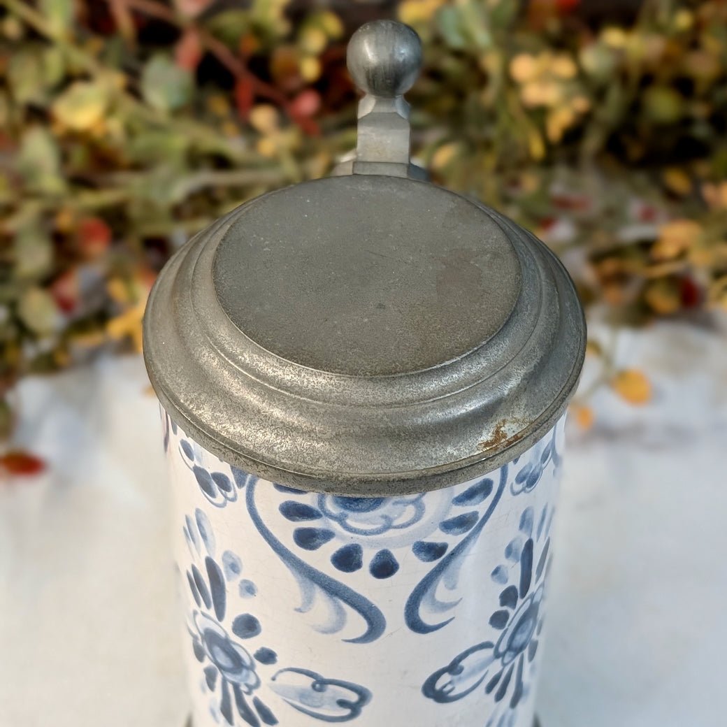 Vintage Blue & White Stoneware Stein with Metal Hinged Lid - Marmalade Mercantile