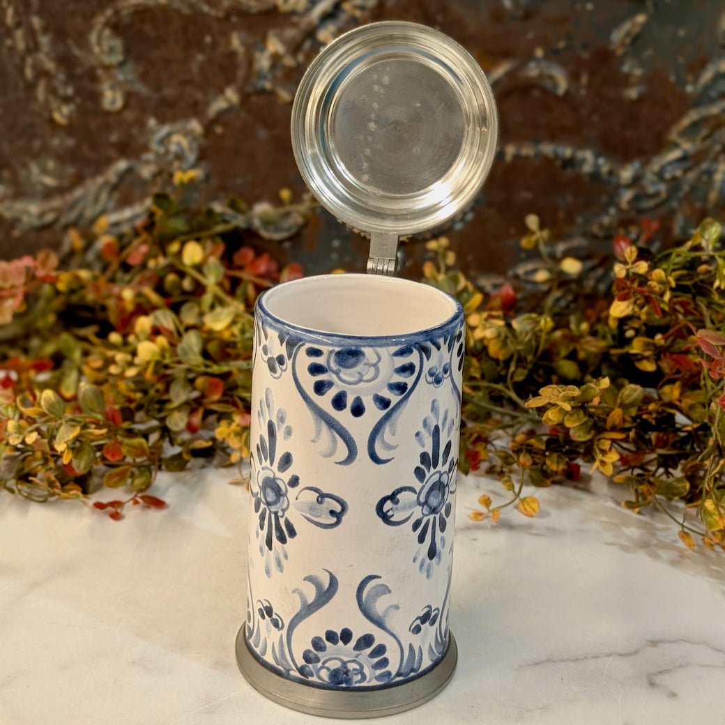 Vintage Blue & White Stoneware Stein with Metal Hinged Lid - Marmalade Mercantile