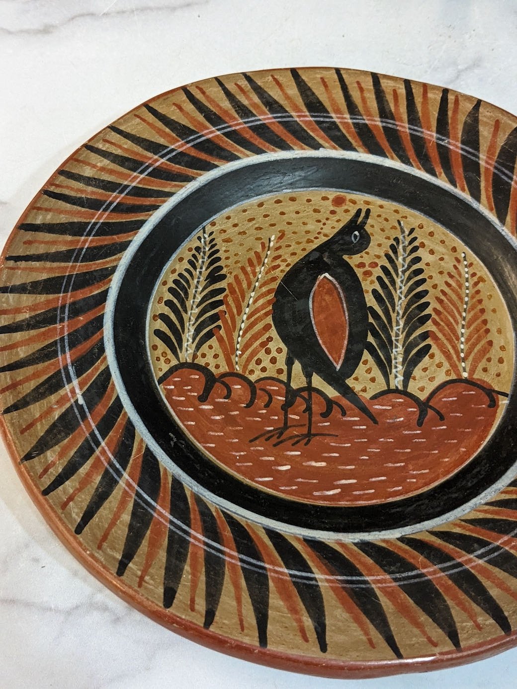 Vintage Hand - Painted Mexican Pottery Plate with Intricate Bird Design - Marmalade Mercantile