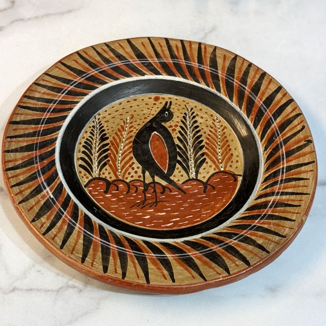 Vintage Hand - Painted Mexican Pottery Plate with Intricate Bird Design - Marmalade Mercantile