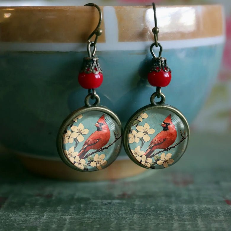 Vintage - Inspired Glass Cabochon Cardinal Earrings for Pierced Ears - Marmalade Mercantile