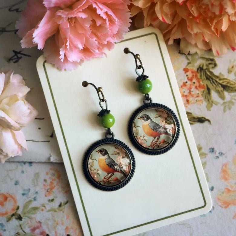 Vintage Robin Bird Vintage Inspired Glass Cabochon Earrings - Marmalade Mercantile