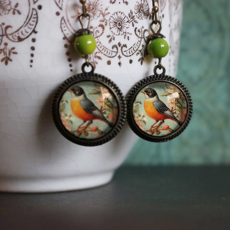 Vintage Robin Bird Vintage Inspired Glass Cabochon Earrings - Marmalade Mercantile