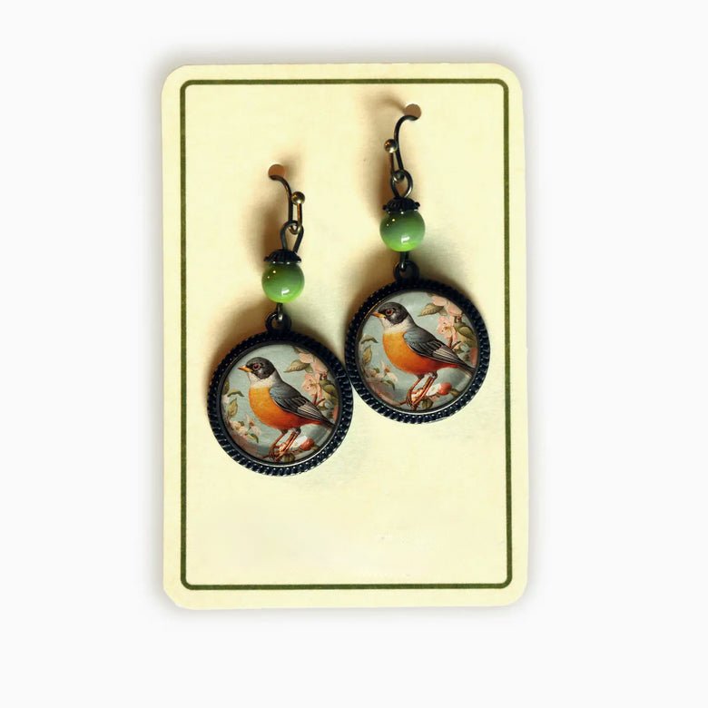 Vintage Robin Bird Vintage Inspired Glass Cabochon Earrings - Marmalade Mercantile