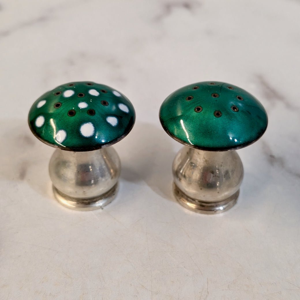 Vintage Scandanavian Enamel & Sterling Silver Mushroom Shaped Salt & Pepper Shakers - Marmalade Mercantile