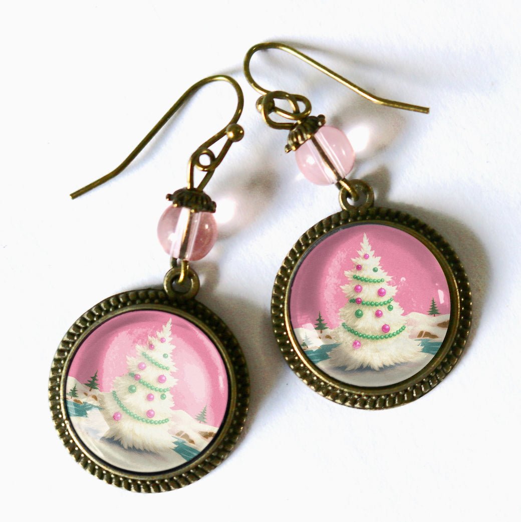 Vintage - Style Christmas Tree Earrings For Pierced Ears Pink & Green - Marmalade Mercantile