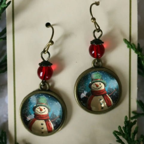 Vintage - Style Handmade Earrings Holiday Snowman for Pierced Ears - Marmalade Mercantile