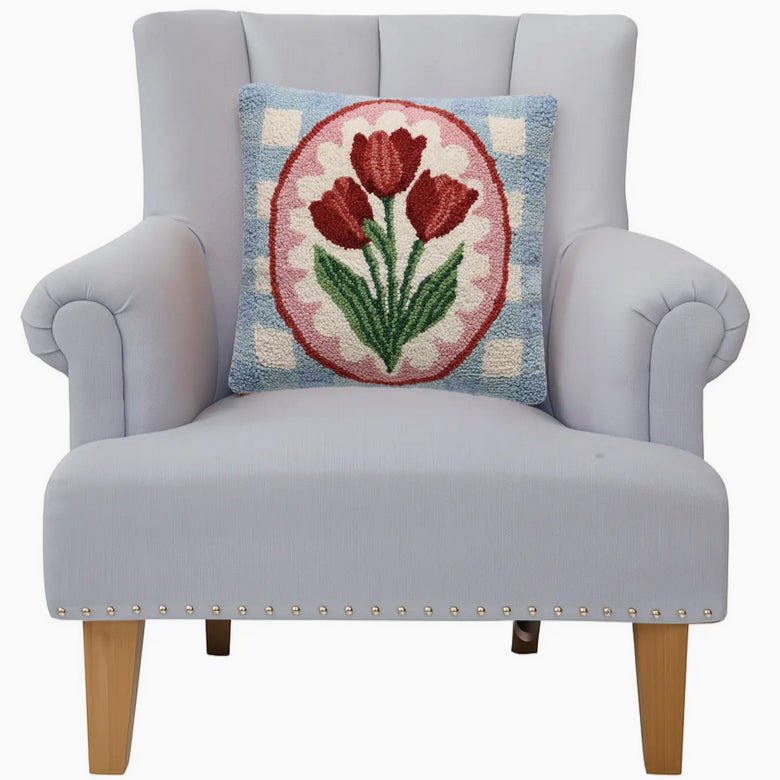 Vintage - Style Red Tulips Hooked Rug Pillow - Marmalade Mercantile