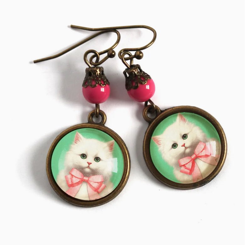 Vintage - Style White Christmas Kitten Holiday Earrings for Pierced Ears - Marmalade Mercantile