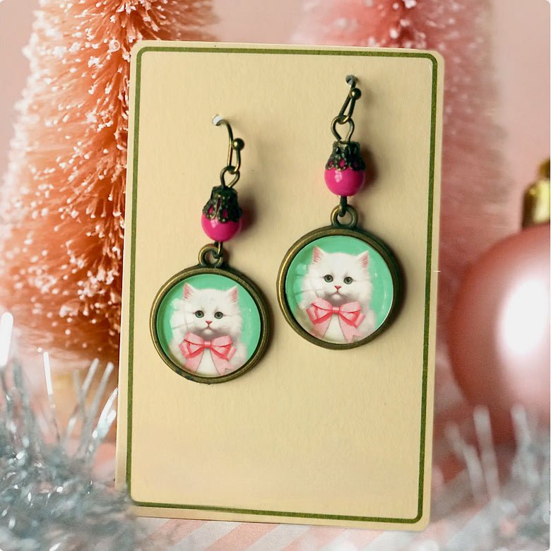 Vintage - Style White Christmas Kitten Holiday Earrings for Pierced Ears - Marmalade Mercantile
