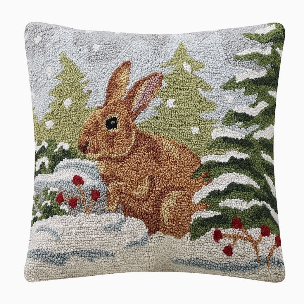 Winter Rabbit Hooked Rug Pilow - Marmalade Mercantile