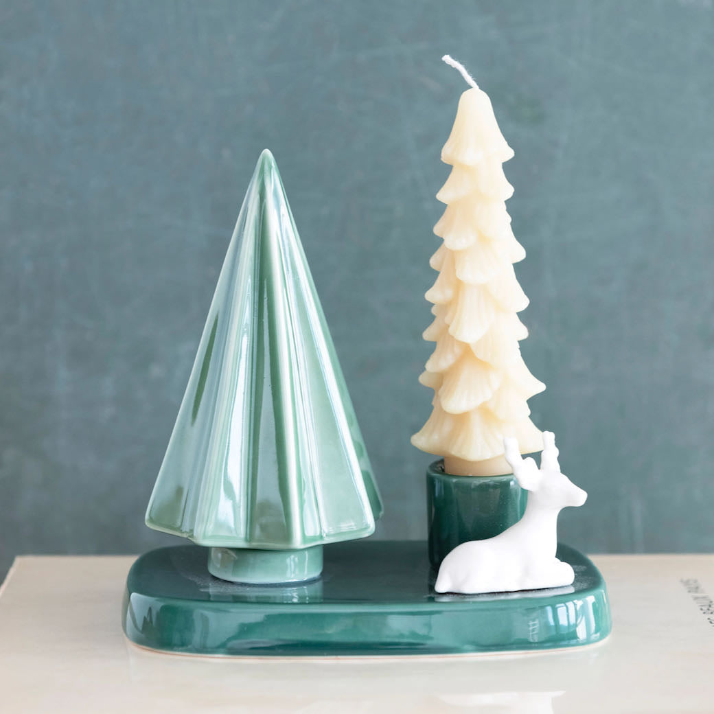 Stoneware Holiday Taper Holder with Tree & Deer