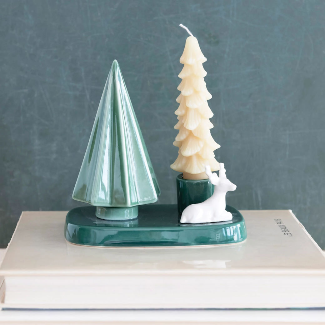 Stoneware Holiday Taper Holder with Tree & Deer