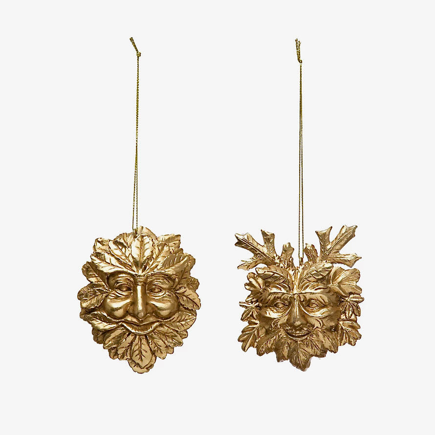 Set of Two Ornate Cast Resin Gold Finish Green Man Christmas Ornaments