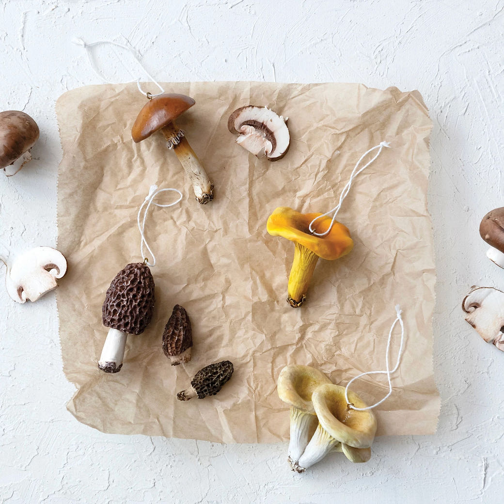 Set of Four Cast Resin Wild Mushroom Ornaments