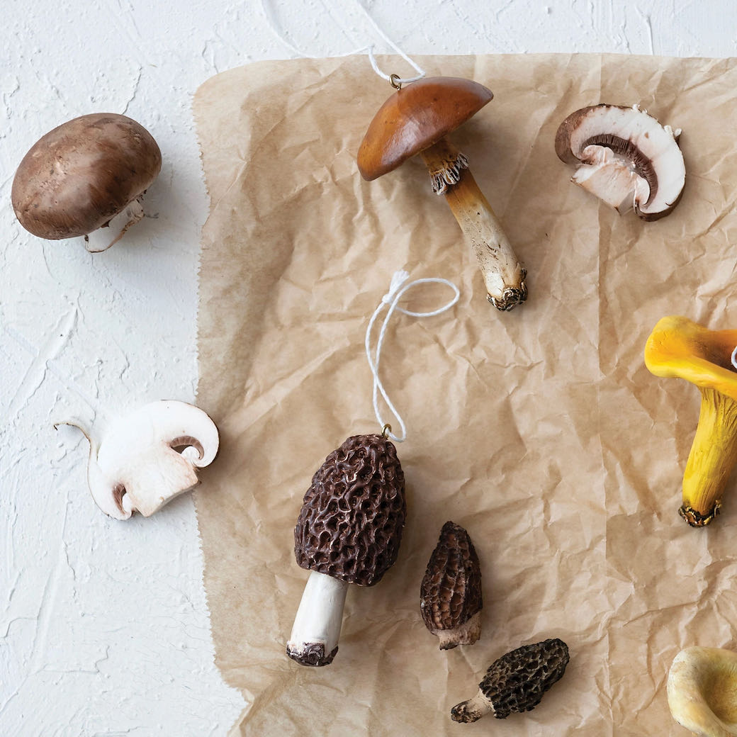 Set of Four Cast Resin Wild Mushroom Ornaments