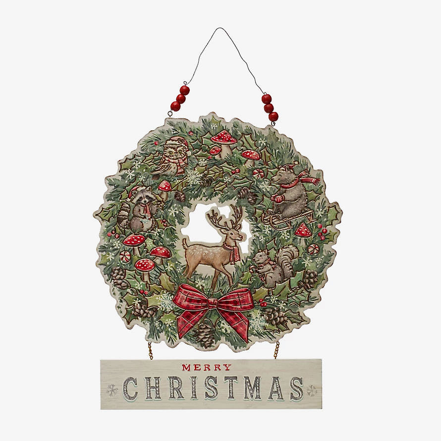 Wooden Merry Christmas Wreath with Woodland Animals