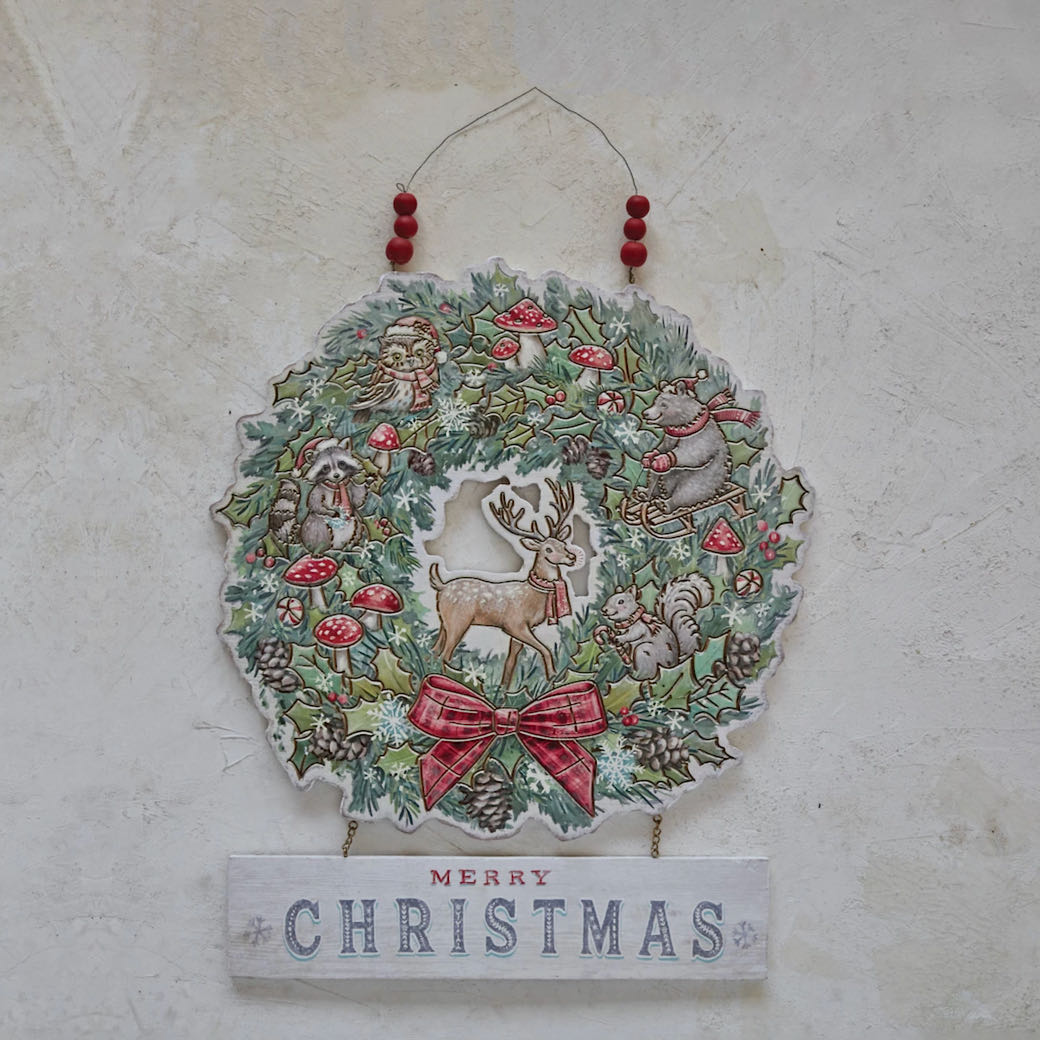 Wooden Merry Christmas Wreath with Woodland Animals