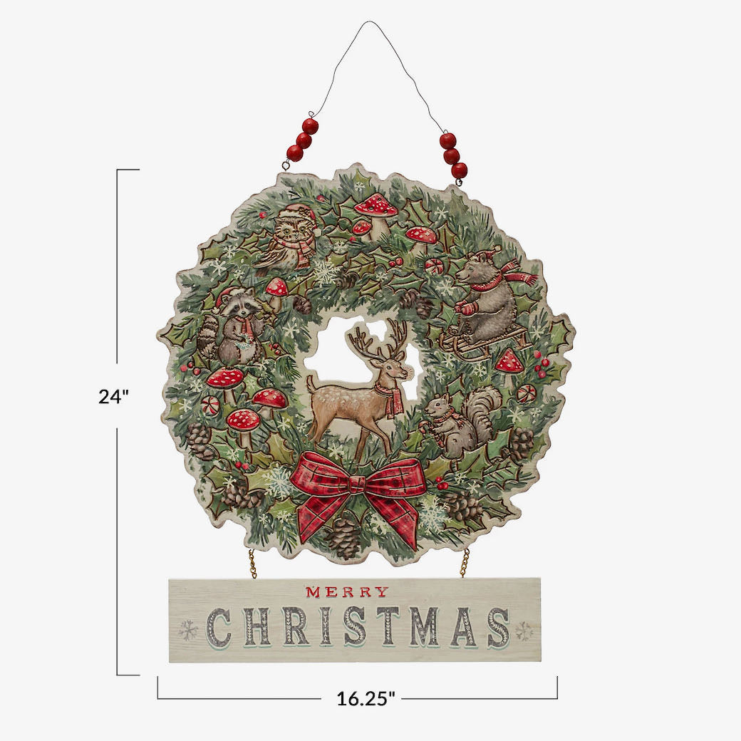 Wooden Merry Christmas Wreath with Woodland Animals