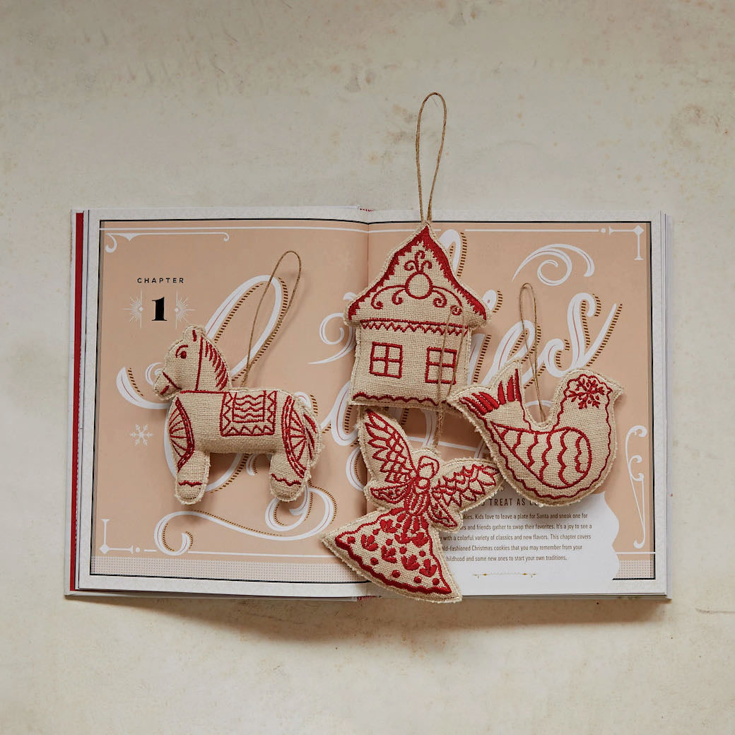 Set of Four Embroidered Fabric Christmas Ornaments