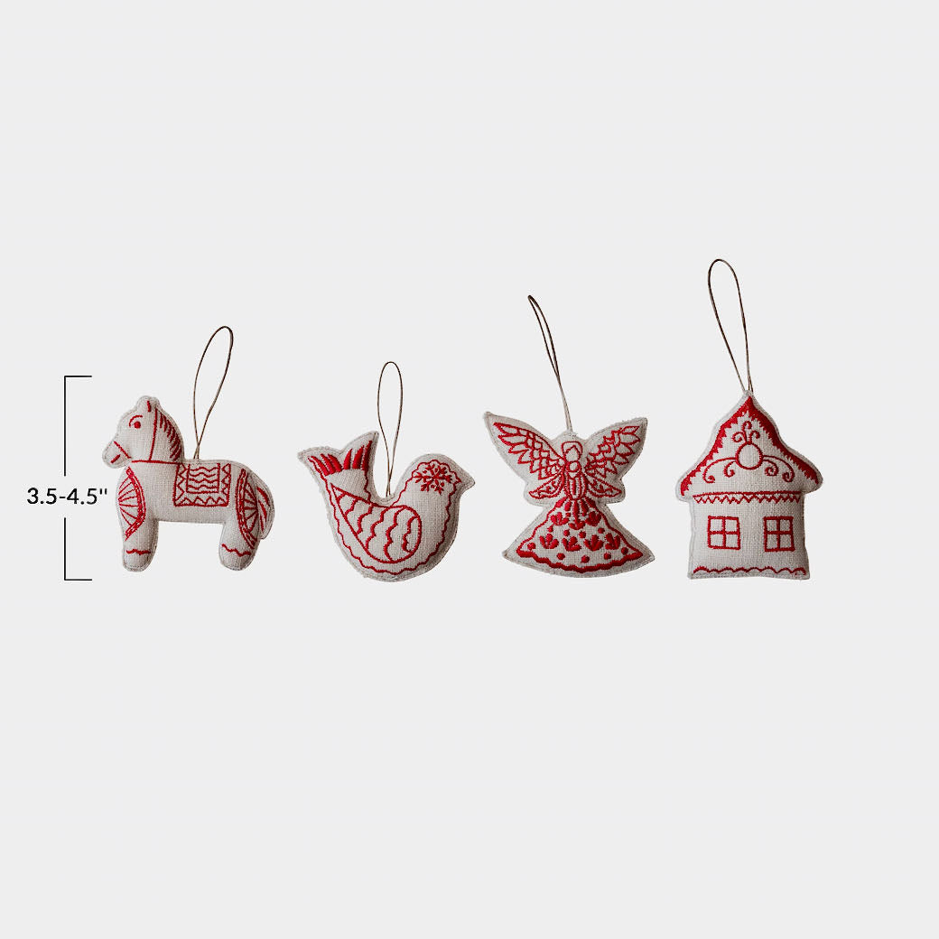 Set of Four Embroidered Fabric Christmas Ornaments