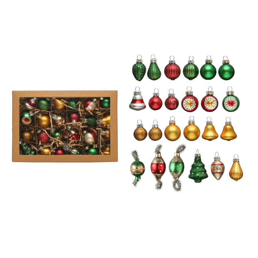 Boxed Set of 24 Petite Vintage-Style Glittered Glass Christmas Ornaments Red, Green, Gold