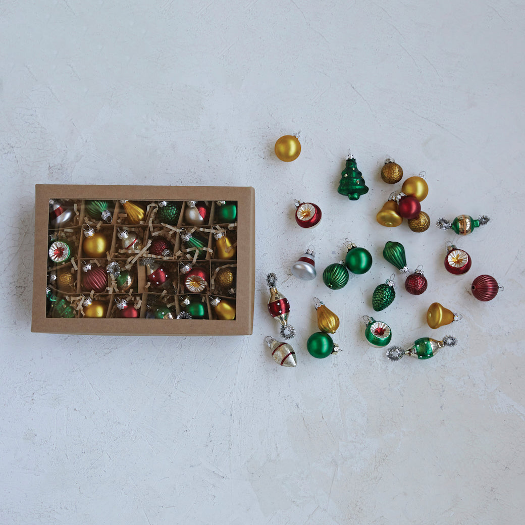 Boxed Set of 24 Petite Vintage-Style Glittered Glass Christmas Ornaments Red, Green, Gold