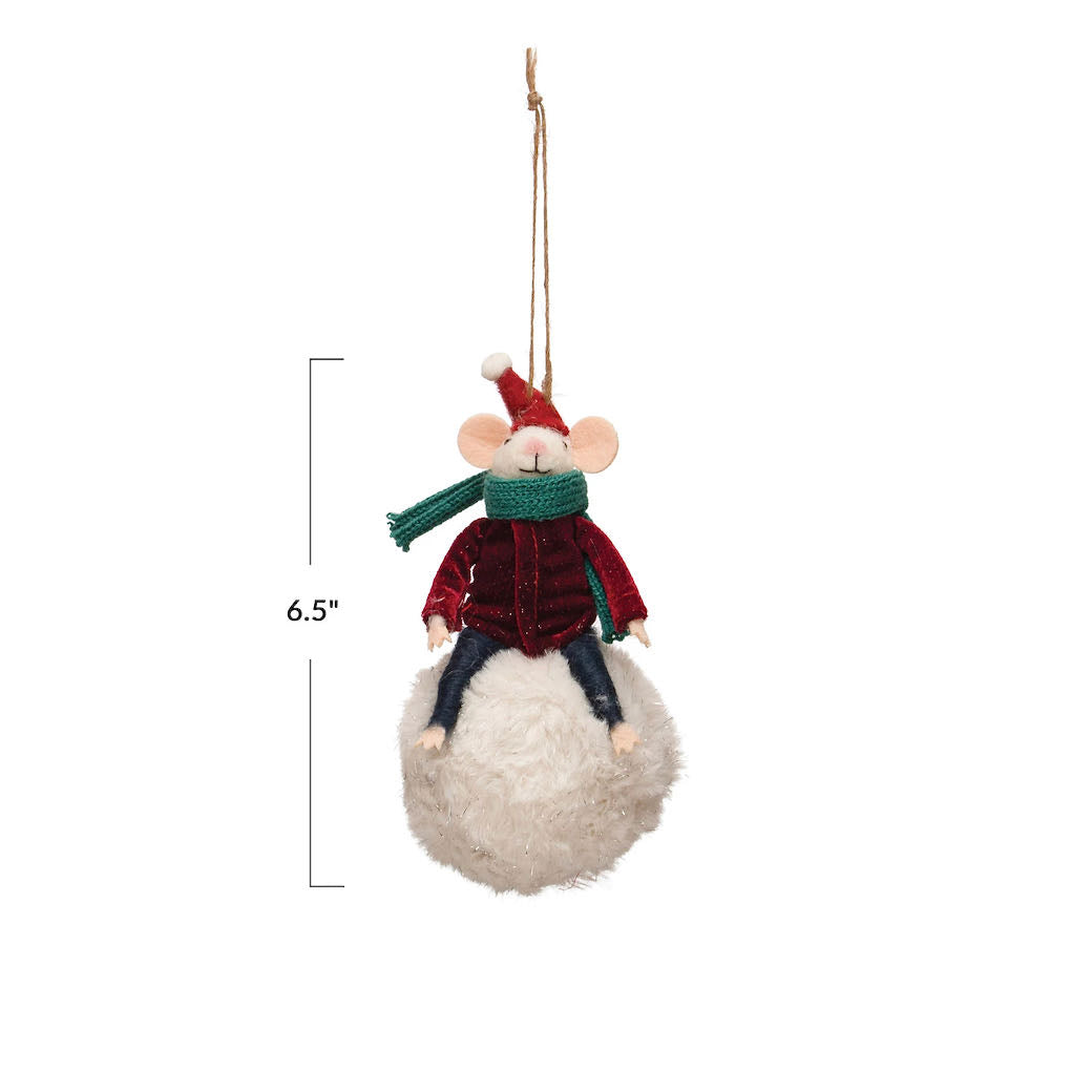Wool Mouse Sitting on a Snowball Christmas Ornament