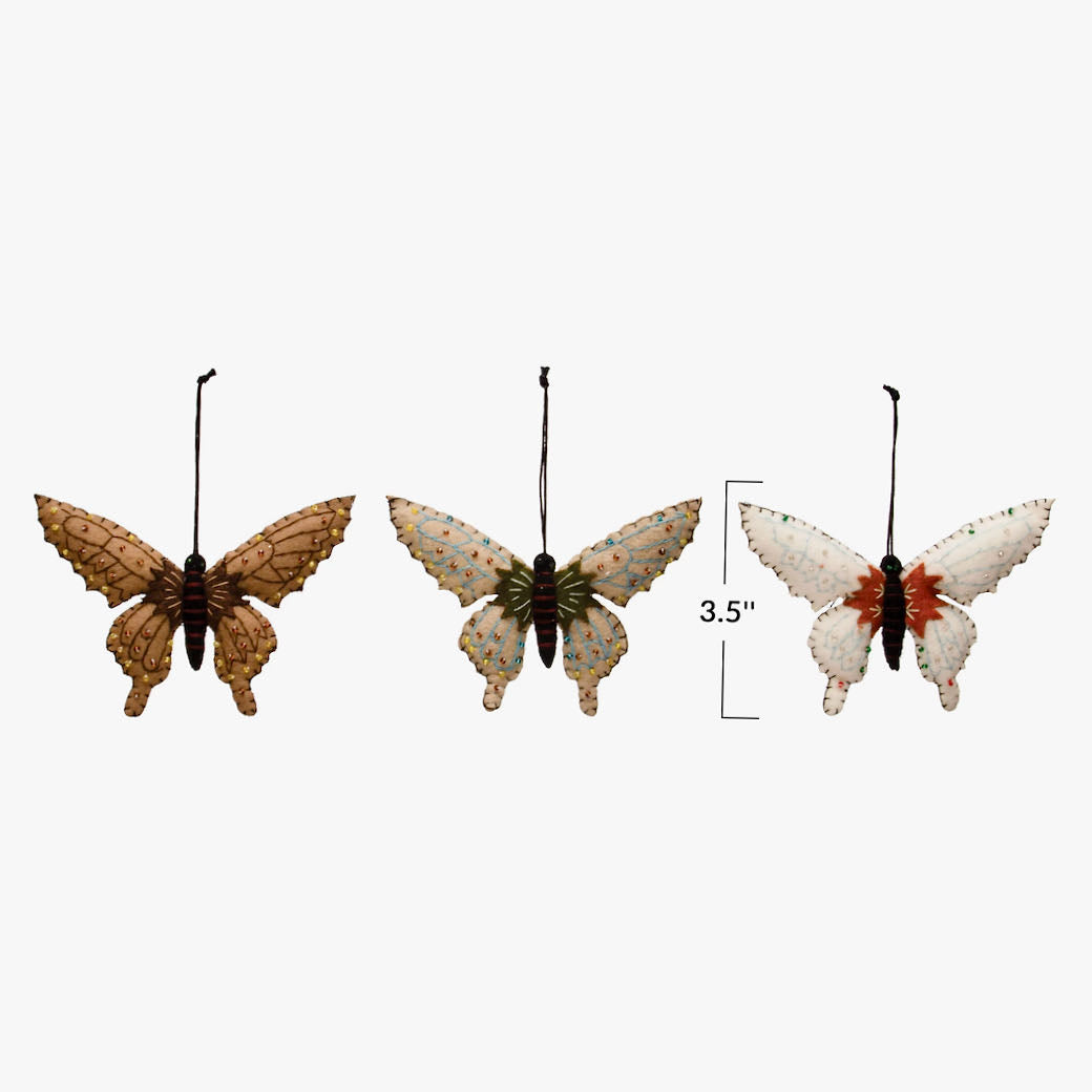 Set of Three Beaded Fabric Butterfly Christmas Ornaments