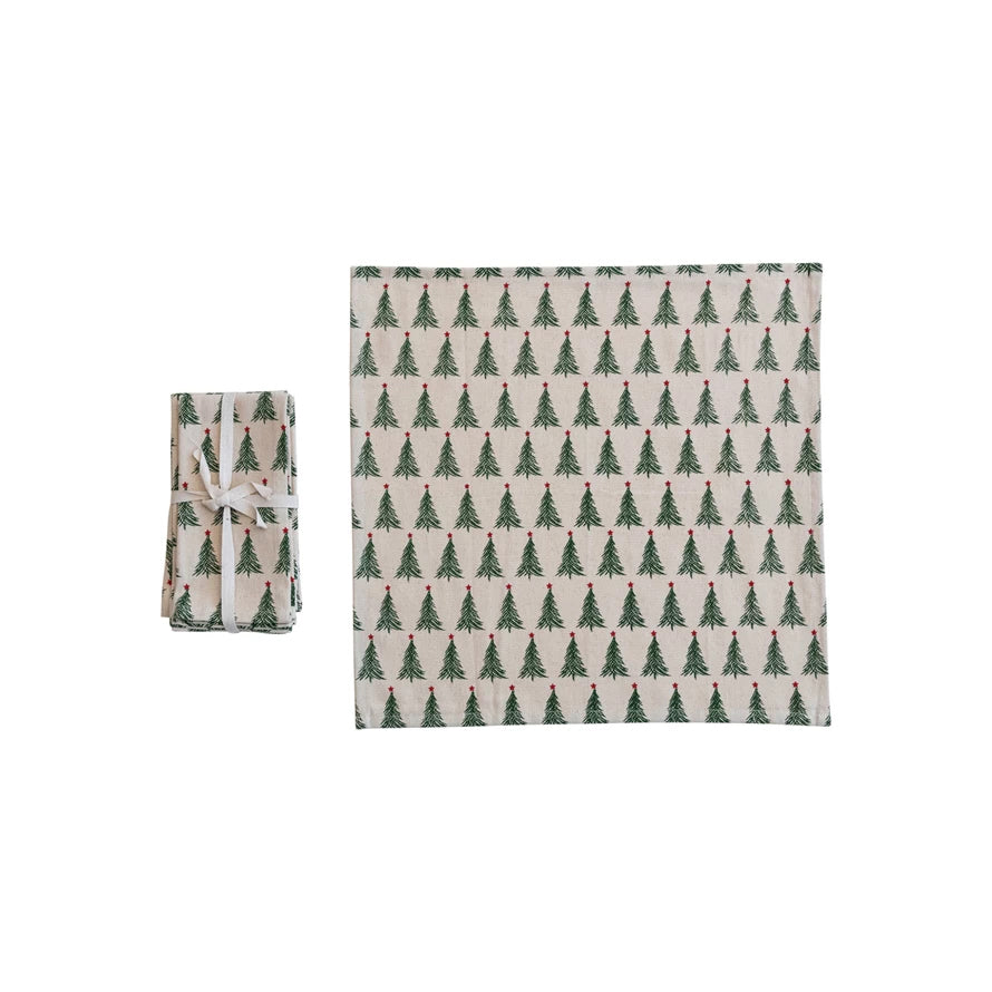 Set of Four Stonewashed Cotton Printed Cocktail Napkins w Tree Pattern
