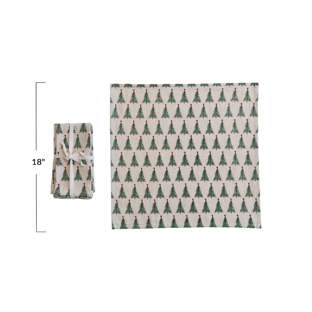 Set of Four Stonewashed Cotton Printed Cocktail Napkins w Tree Pattern