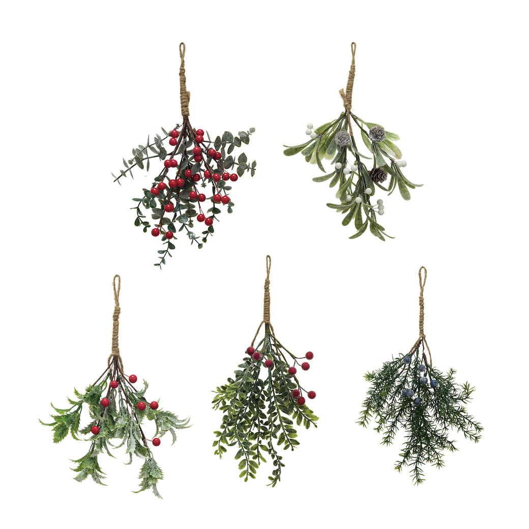 Set of Five Hanging Faux Evergreen & Berry Bunches Snowy/Icy Finish