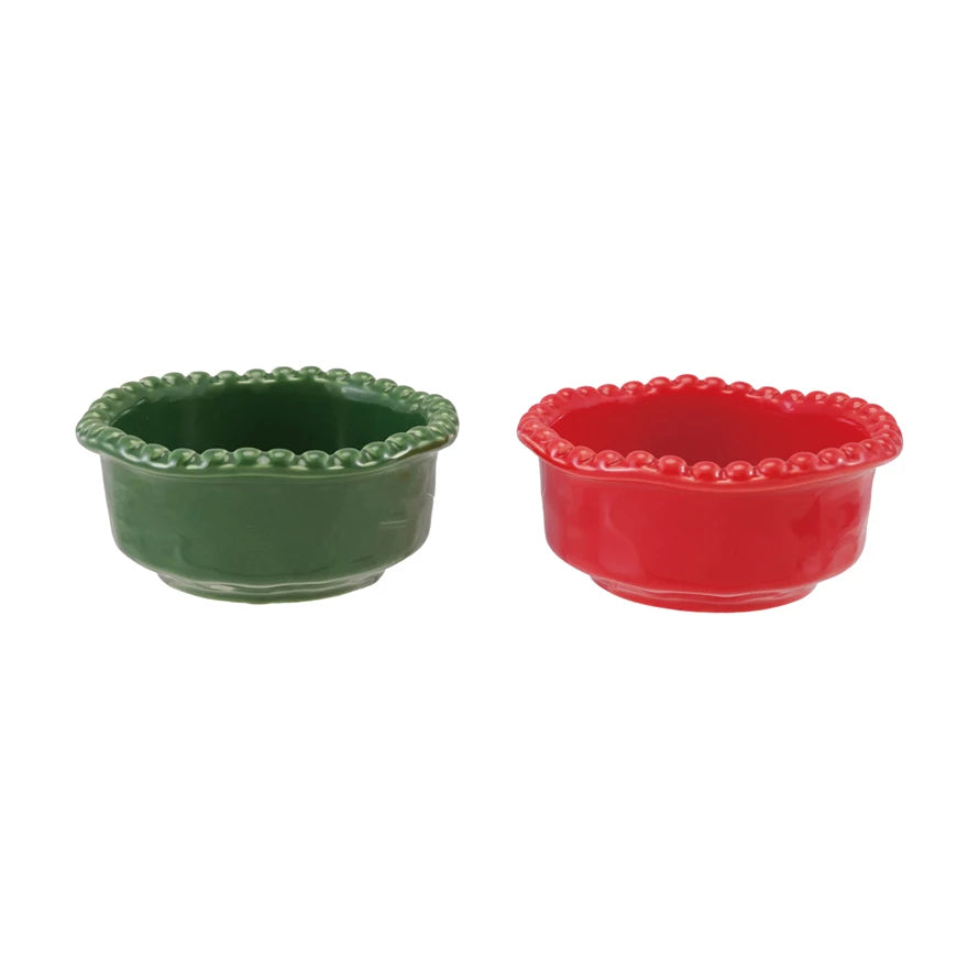 Set of Two Stoneware Bowls w Hobnail Rim & Organic Shape (Red & Green)
