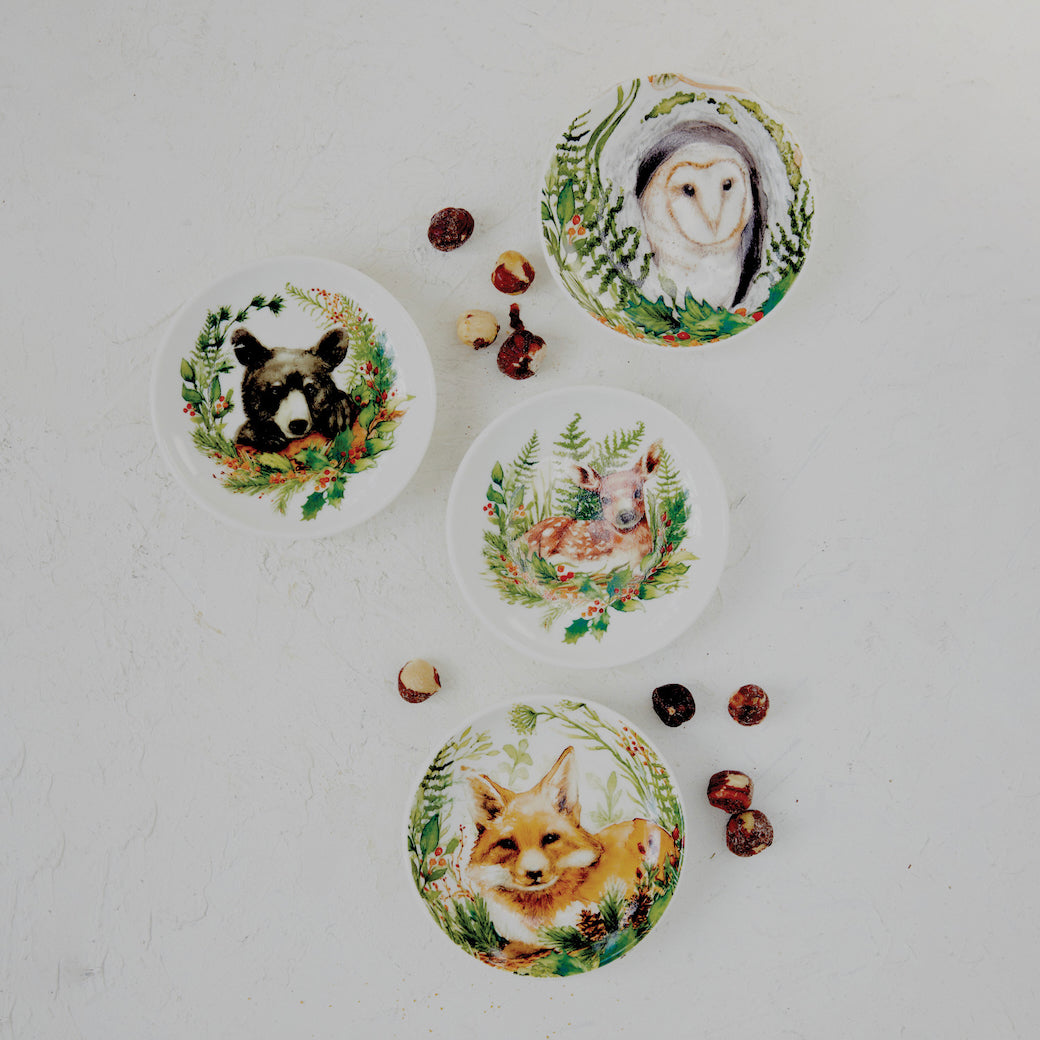 Set of Four Stoneware Dishes w Woodland Animals & Seasonal Botanicals