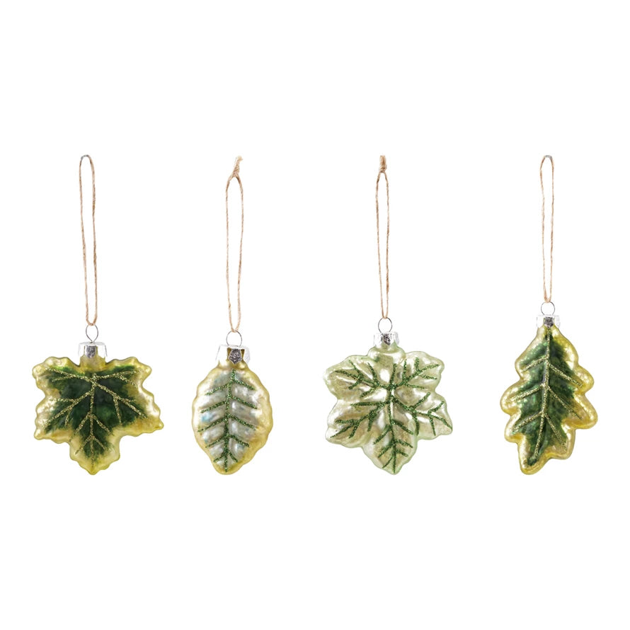 Hand-Painted Glittered Glass Leaf Ornaments CHOICE of Style