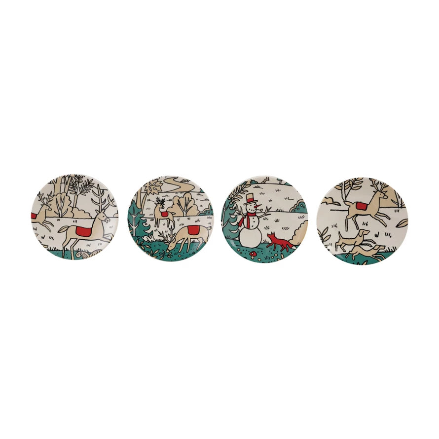 Set of Four 5” Stoneware Snack Plates with Winter Scene & Reindeer Four Styles