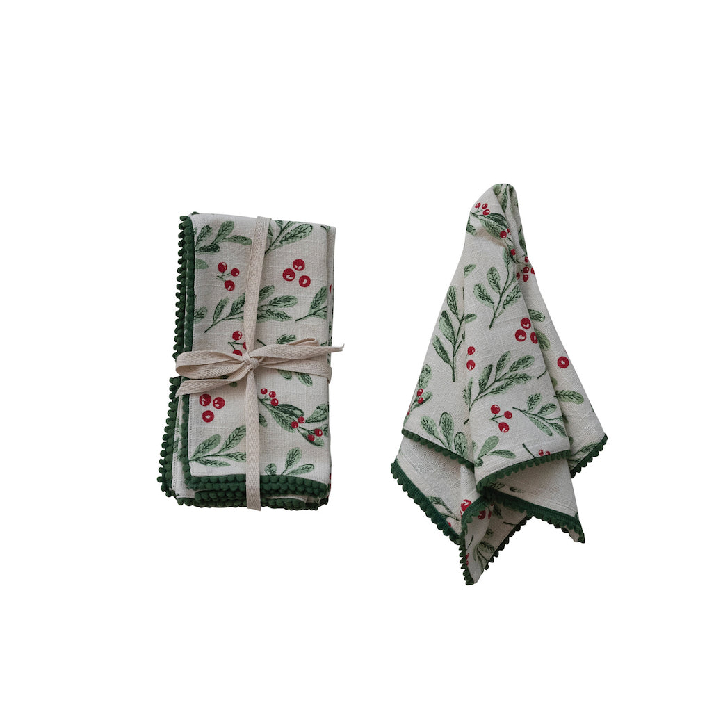 Set of Four Cotton Cloth Napkins w Holiday Botanicals & Mini Pom Pom Trim