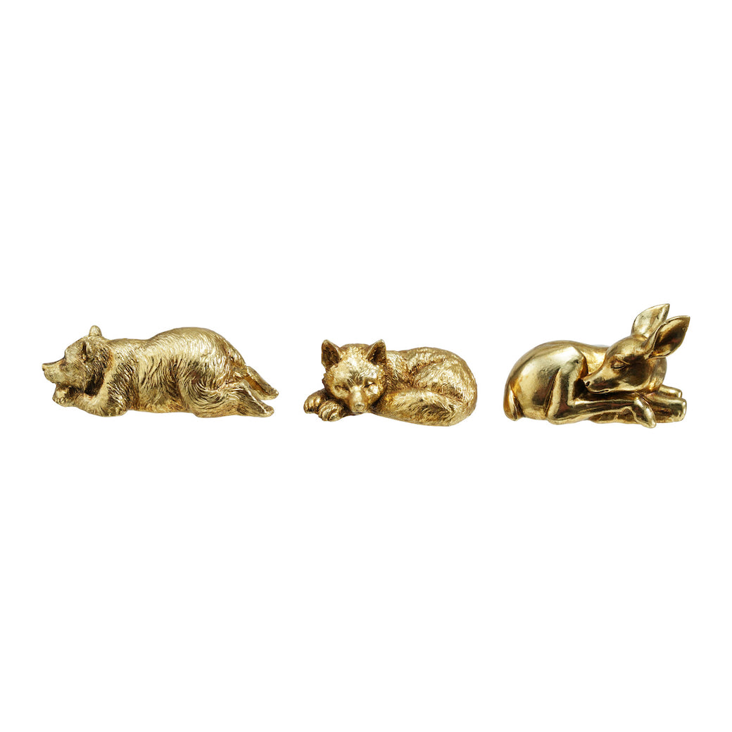 Set of Three Resin Sleeping Animals, Antique Gold Finish