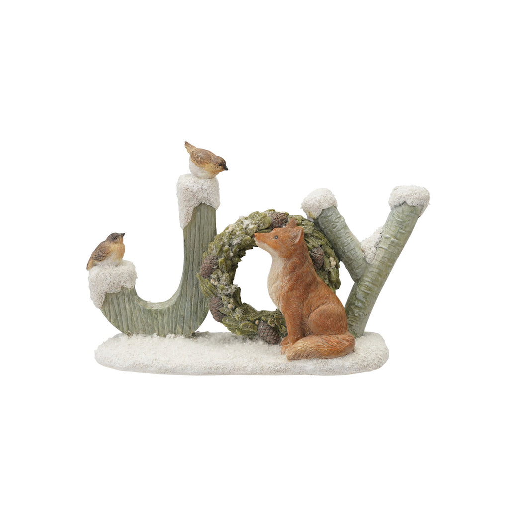 Resin “JOY” Figure with Wreath, Birds and Fox