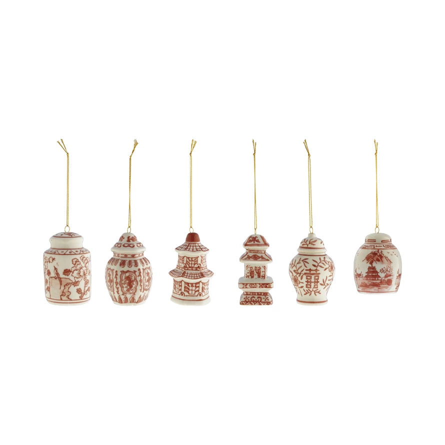 Burgundy & White Stoneware Ginger Jar Ornaments CHOICE of Six Styles