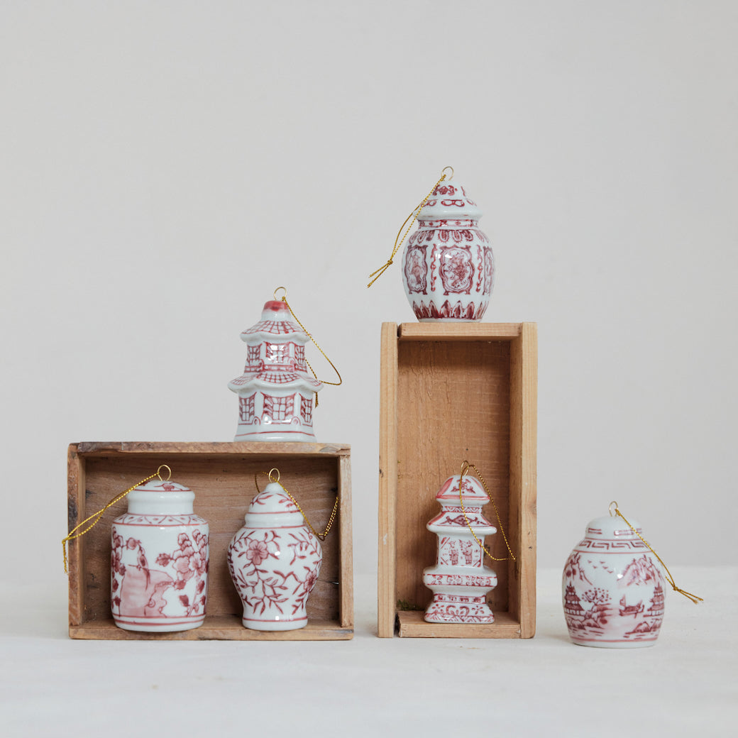 Burgundy & White Stoneware Ginger Jar Ornaments CHOICE of Six Styles