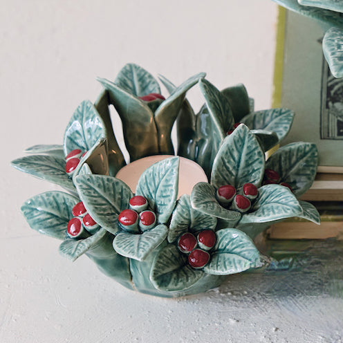 Set of 2 Stoneware Holly Leaves & Berries Tealight Holders