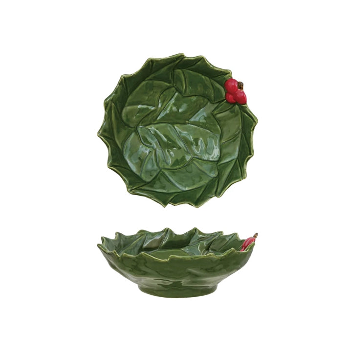 Hand-Painted Ceramic Holly Leaves Low Bowl with Berries, Green & Red 9”