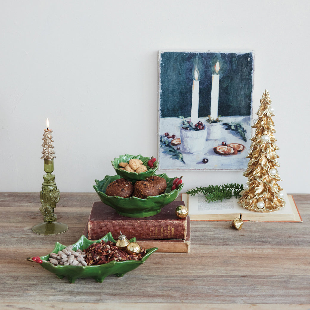 Hand-Painted Ceramic Holly Leaf Shaped Footed Serving Dish