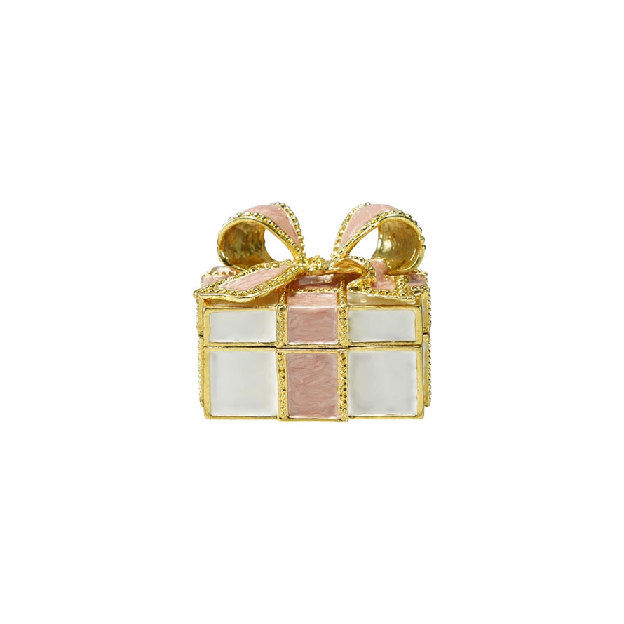 Enameled Metal Gift Shaped Trinket Box with Jewels, Gold Finish & Pink