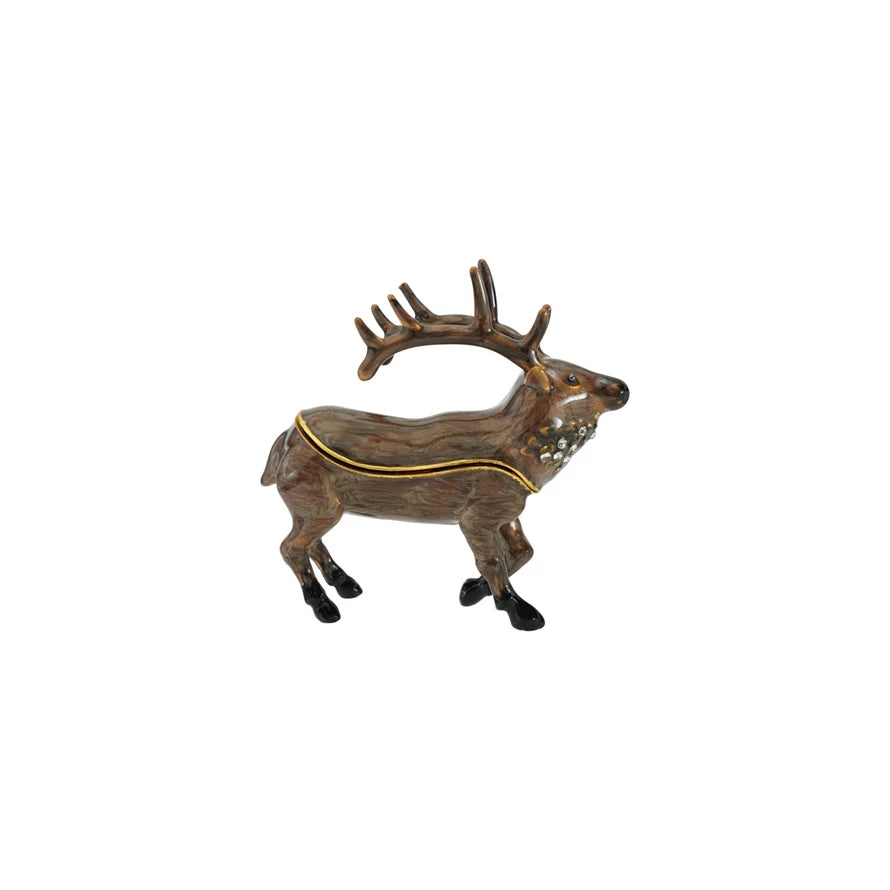 Enameled Bejeweled Metal Caribou-Shaped Trinket Box Gold Finish