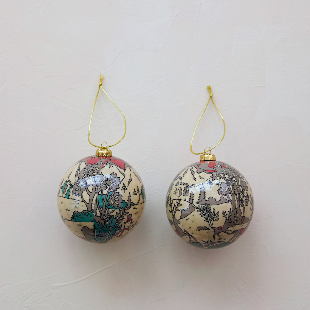 Set of Two Decoupaged Ornaments w Woodland & Snowman Scenes