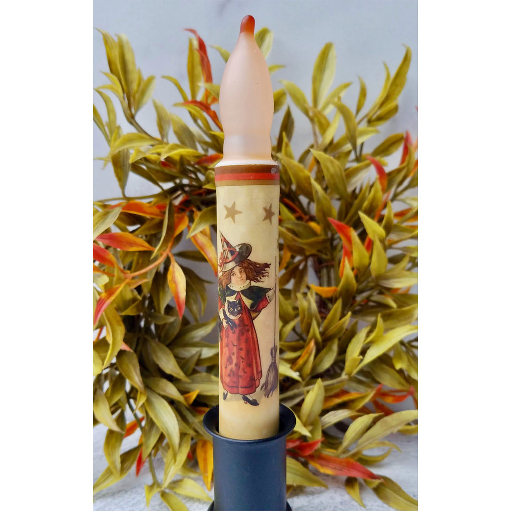 LED Taper Candle Halloween Witch with & Black Cat