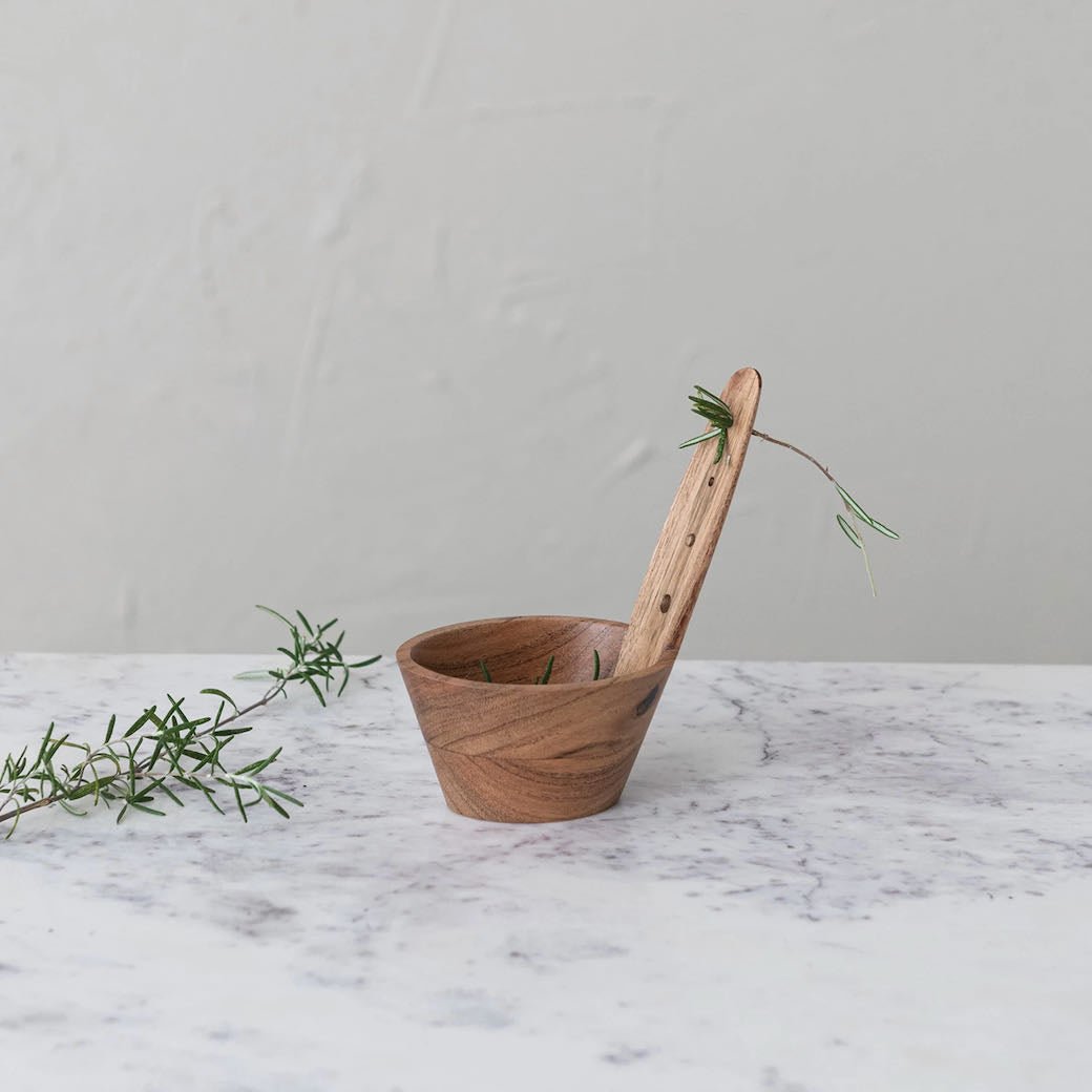 Acacia Wood Herb Stripper w Attached Bowl - Marmalade Mercantile