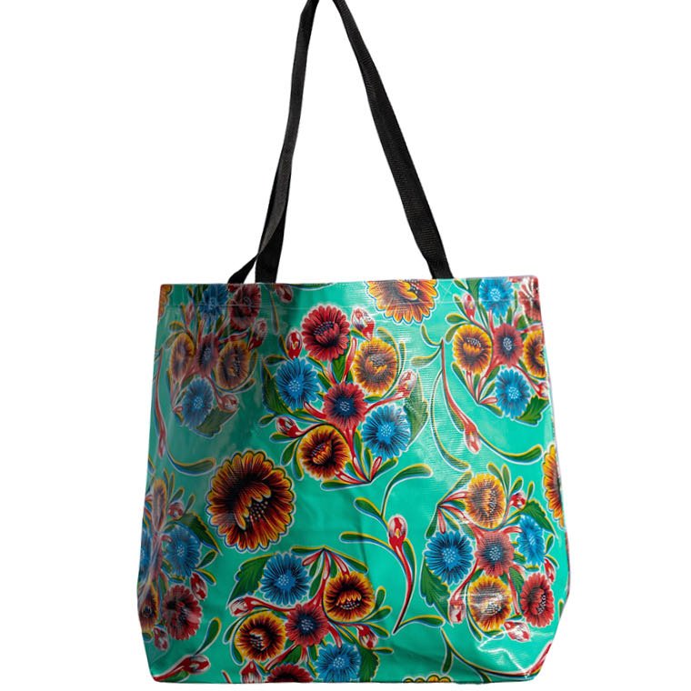 Aqua Bloom Large Oilcloth Market Tote Bag